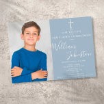 Dusty Blue Elegant First Heliga Communion Photo Spara Datumet<br><div class="desc">Elegant Kommuniunion för första Heligan namnteckning spara datuminbjudan med ett elegant-skript namnteckning namn och speciellt foto på en dammig blå bakgrund. Anpassa med din speciella händelseinformation i chicen. Designad av Thisisnotme©</div>