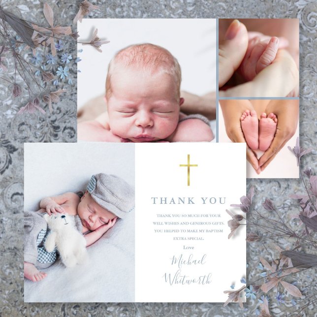 Dusty Blue Elegant Foto Collage Script Dopning Tack Kort (Dusty Blue Elegant Photo Collage Script Baptism Thank You Card)
