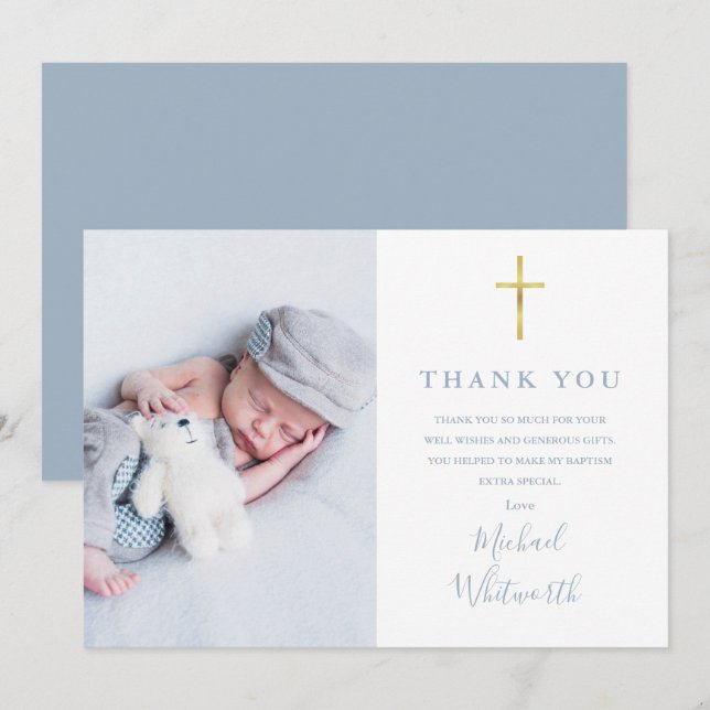 Dusty Blue Elegant Foto Signatur Script Dop  Tack Kort (Fram/baksida)