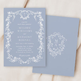 Dusty Blue Elegant Fransk Blommigt Bröllop Inbjudningar