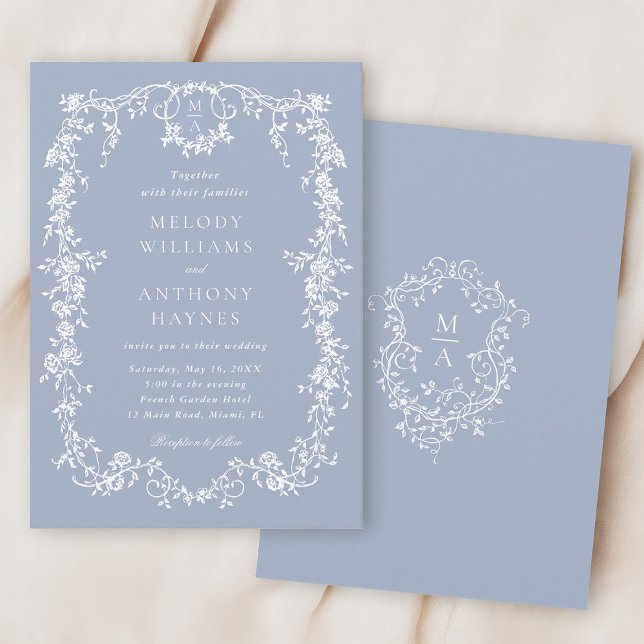 Dusty Blue Elegant Fransk Blommigt Bröllop Inbjudningar (Front & Back)