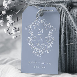 Dusty Blue Elegant Fransk Blommigt Vapensköld Bröl Presentetikett