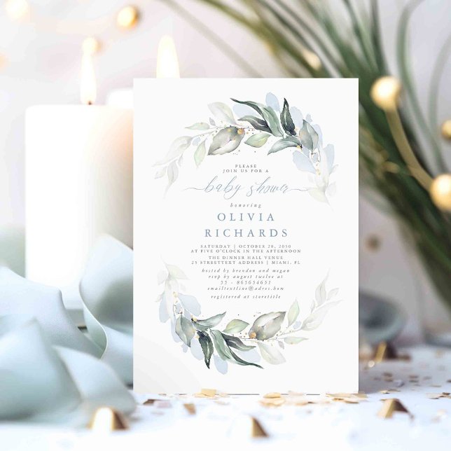 Dusty Blue Elegant Greenery Baby Shower Inbjudningar (Dusty Blue Greenery Baby Shower Invitations)