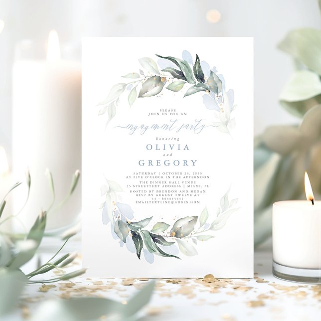 Dusty Blue Elegant Greenery Förlovningsfest Inbjudningar (Dusty Blue Greenery Engagement Party Invitations )
