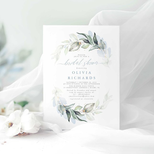 Dusty Blue Elegant Greenery Möhippa Inbjudningar (Dusty Blue Greenery Bridal Shower Invitations)