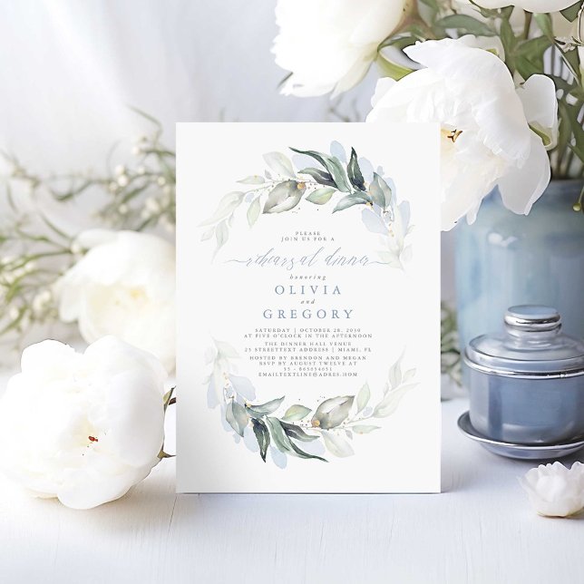 Dusty Blue Elegant Greenery Rehearsal Dinner Inbjudningar (Rehearsal Dinner Dusty Blue Greenery Invitation)