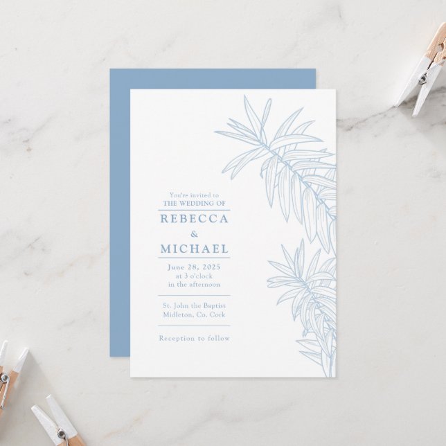 Dusty Blue Elegant Minimalist Botanique Inbjudningar (Fram/Back In Situ)