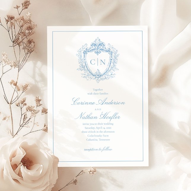 Dusty Blue Elegant Monogram Crest Bröllop Inbjudningar (Skapare uppladdad)