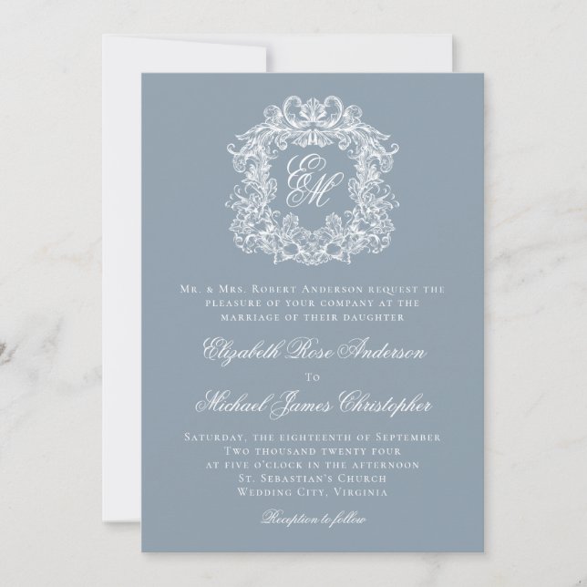 Dusty Blue Elegant Monogram Crest Wedding Inbjudningar (Framsida)