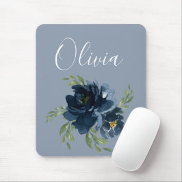 Dusty Blue Elegant Namn Blommigt Watercolor Modern Musmatta