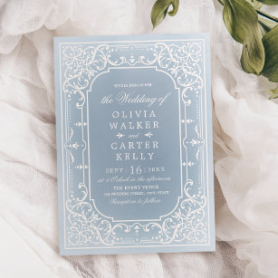 Dusty blue elegant ornate romantic vintage bröllop inbjudningar