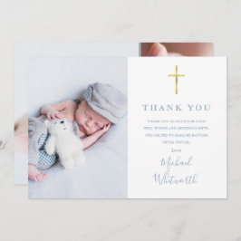 Dusty Blue Elegant Photo Collage Script Baptism Tack Kort