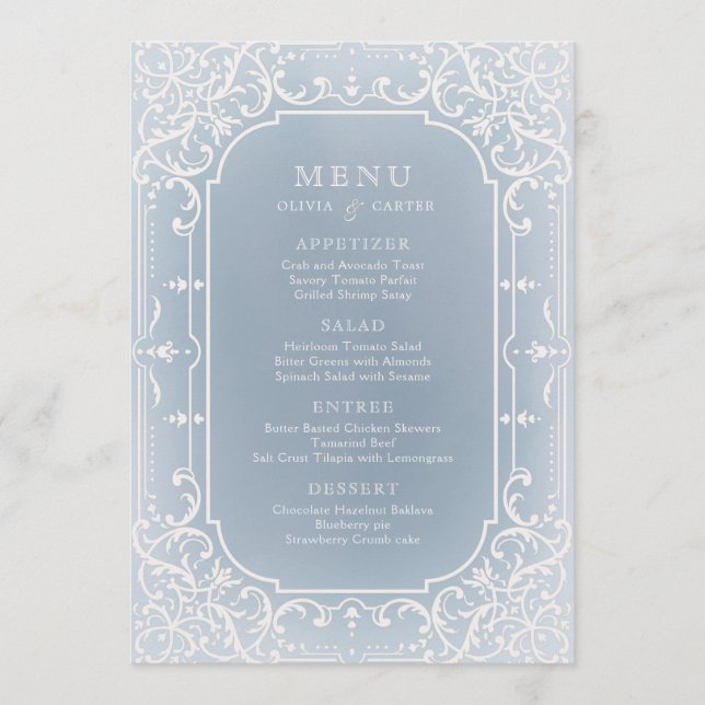 Dusty Blue elegant romantic vintage bröllop Meny (Framsida)
