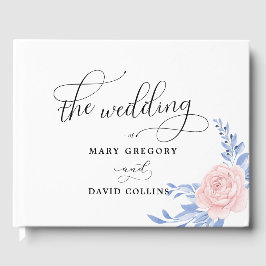 Dusty Blue Elegant Rosa Blommigt Rustic Bröllop Gästböcker