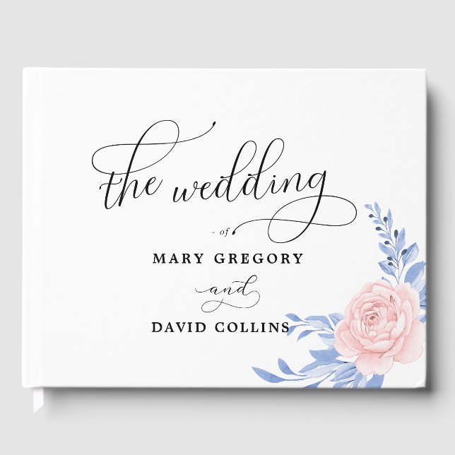 Dusty Blue Elegant Rosa Blommigt Rustic Bröllop Gästböcker (Framsida)