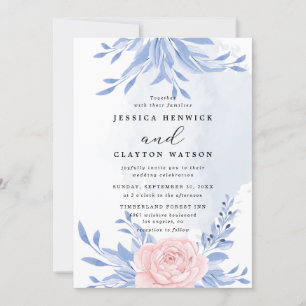 Dusty Blue Elegant Rosa Blommigt Rustic Bröllop Inbjudningar