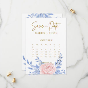 Dusty Blue Elegant Rosa Blommigt Rustic Bröllop Spara Datumet