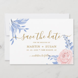 Dusty Blue Elegant Rosa Blommigt Rustic Bröllop Spara Datumet