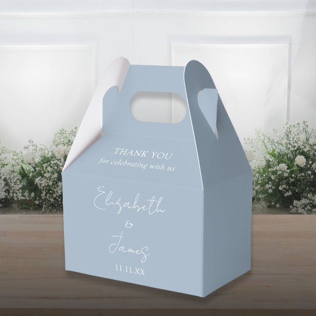 Dusty Blue Elegant Script Bröllop Tack Presentaskar (Dusty Blue Elegant Script Wedding Thank You Favor Boxes)