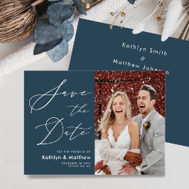 Dusty Blue Elegant Script Modern Photo Bröllop Spara Datumet