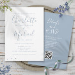 Dusty Blue Elegant Script QR Code Bröllop Inbjudningar<br><div class="desc">Den här inbjudan till ett dammigt blått bröllop i elegant med namnteckning stil namn kan vara personlig med all information om speciell bröllopsdag på framsidan och din webbplatsinformation om bröllop och QR-kod på baksidan. Designad av Thisisnotme©</div>
