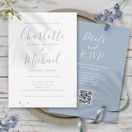 Dusty Blue Elegant Script QR Code Bröllop Inbjudningar