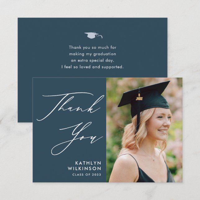 Dusty Blue Elegant Script Simple Photo Studenten Tack Kort (Fram/baksida)
