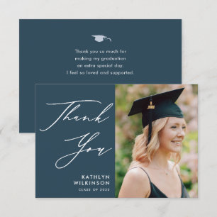 Dusty Blue Elegant Script Simple Photo Studenten Tack Kort