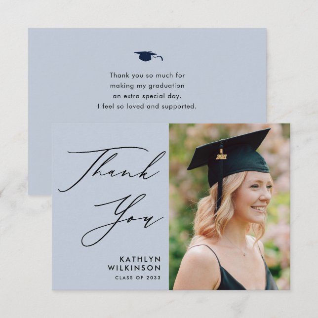 Dusty Blue Elegant Script Simple Photo Studenten Tack Kort (Fram/baksida)