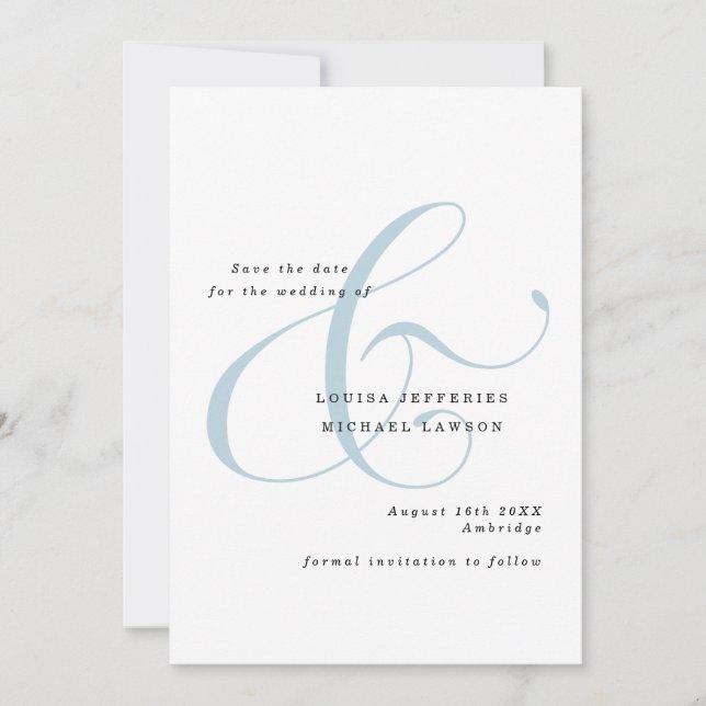 Dusty Blue Elegant Skript Ampersand Foto Bröllop Spara Datumet (Framsida)