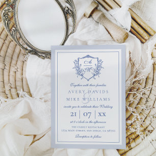 Dusty Blue Elegant Vintage Ro Vapensköld Bröllop Inbjudningar