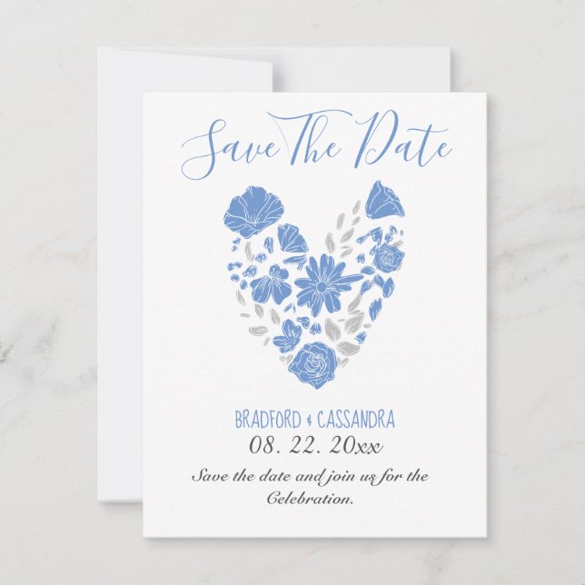 Dusty Blue Elegant White Gray Floral Heart Wedding Spara Datumet (Framsida)
