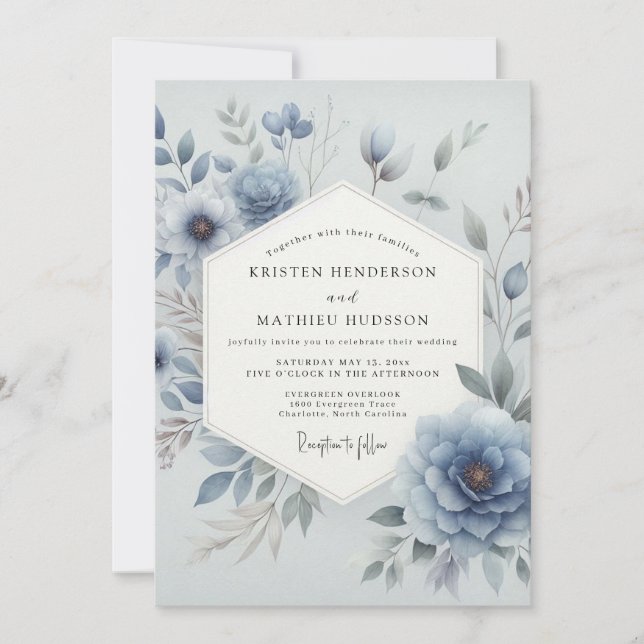Dusty Blue Ethereal Floral Wedding Inbjudningar (Framsida)
