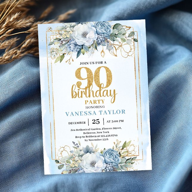 Dusty Blue Eucalyptus 90th Birthday Elegant Invite Inbjudningar (Dusty Blue Eucalyptus 90th Birthday Elegant Invitation Gold Frame)