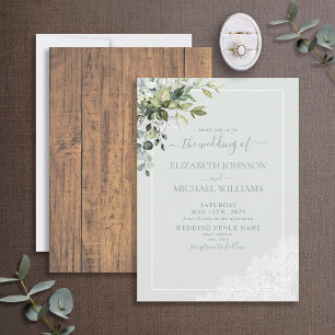 Dusty Blue Eucalyptus Botanical Wood Bröllop Inbjudningar