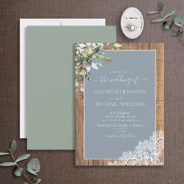 Dusty Blue Eucalyptus Botanical Wood Bröllop Inbjudningar