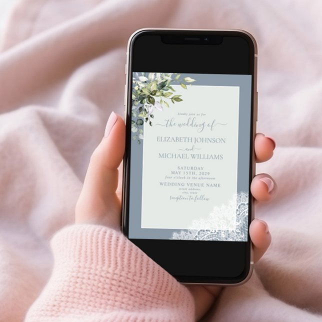 Dusty Blue Eucalyptus Botanical Wood Photo Bröllop Inbjudningar (Skapare uppladdad)