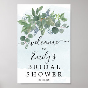 Dusty Blue Eucalyptus Bröllopsdusch Välkomstskylt Poster