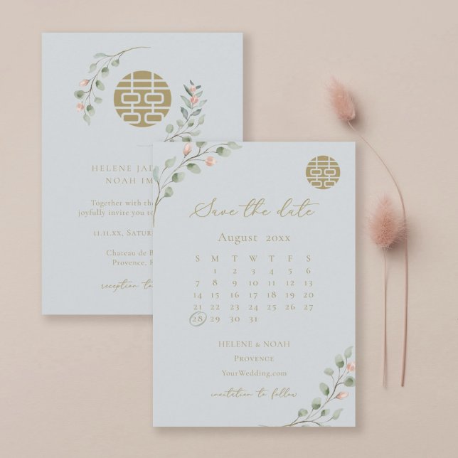 Dusty Blue Eucalyptus Chinese Save Date Inbjudningar (Skapare uppladdad)
