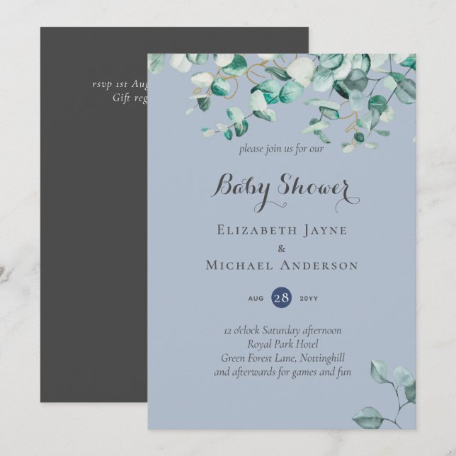 Dusty Blue Eucalyptus Greenery BABY SHOWER Inbjudn (Fram/baksida)