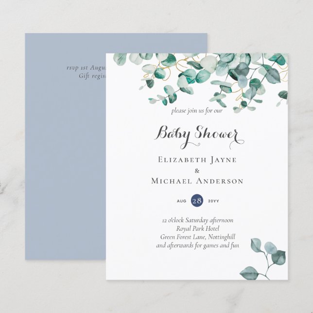 Dusty Blue Eucalyptus Greenery BABY SHOWER Inbjudn (Fram/baksida)
