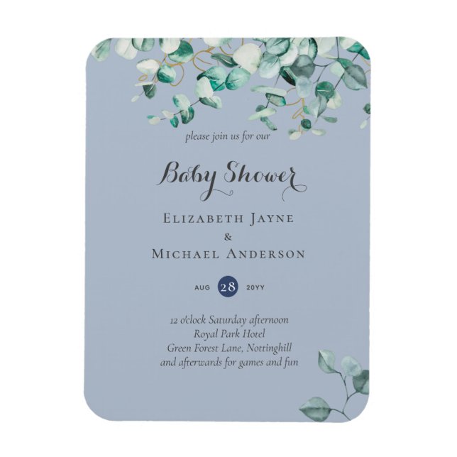 Dusty Blue Eucalyptus Greenery BABY SHOWER Inbjudn Magnet (Vertikal)