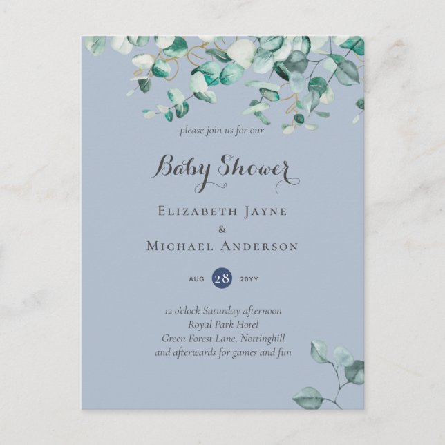 Dusty Blue Eucalyptus Greenery BABY SHOWER Inbjudn Vykort (Framsida)