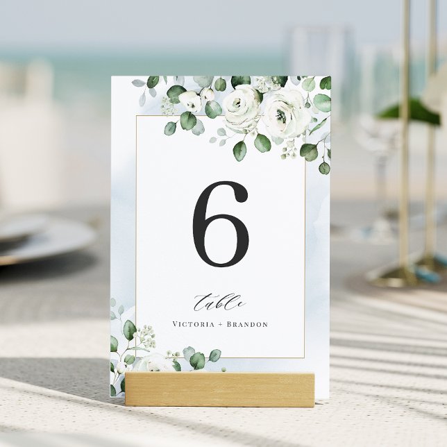 Dusty blue eucalyptus greenery blommigt bröllop bordsnummer (Dusty blue eucalyptus greenery floral wedding table number)