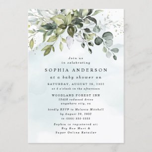 Dusty Blue Eucalyptus Greenery Boho Baby Shower Inbjudningar