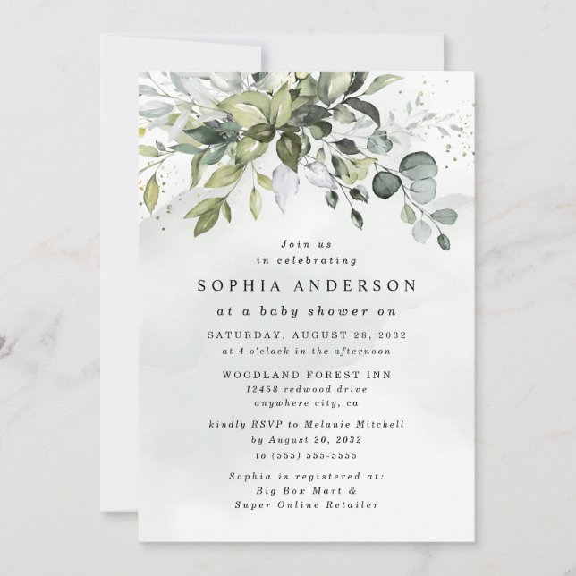 Dusty Blue Eucalyptus Greenery Boho Baby Shower Inbjudningar (Framsida)