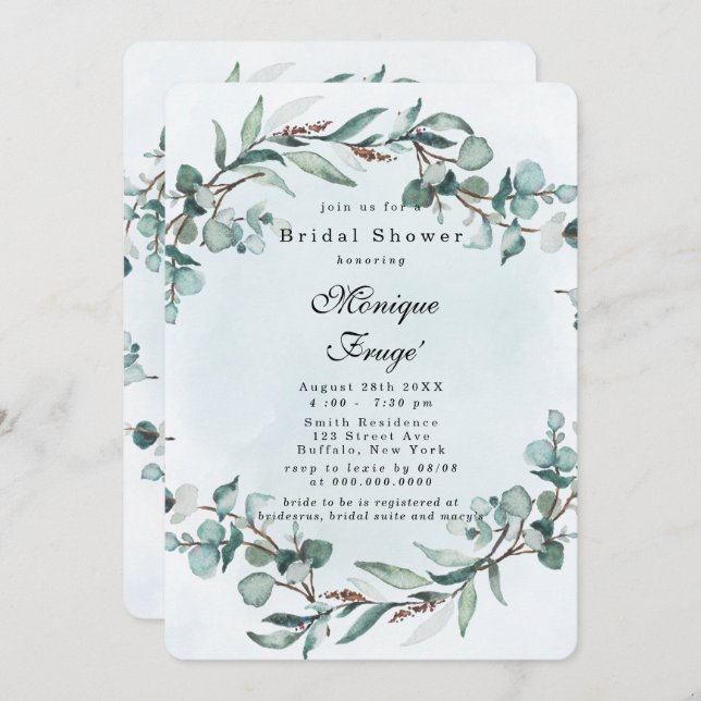 Dusty Blue Eucalyptus Greenery Möhippa Inbjudningar (Fram/baksida)