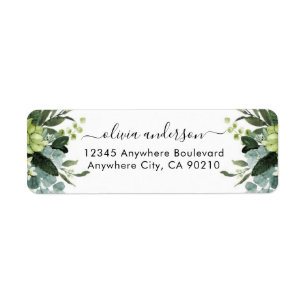 Dusty Blue Eucalyptus Greenery Succulent Bröllop Returadress Etikett