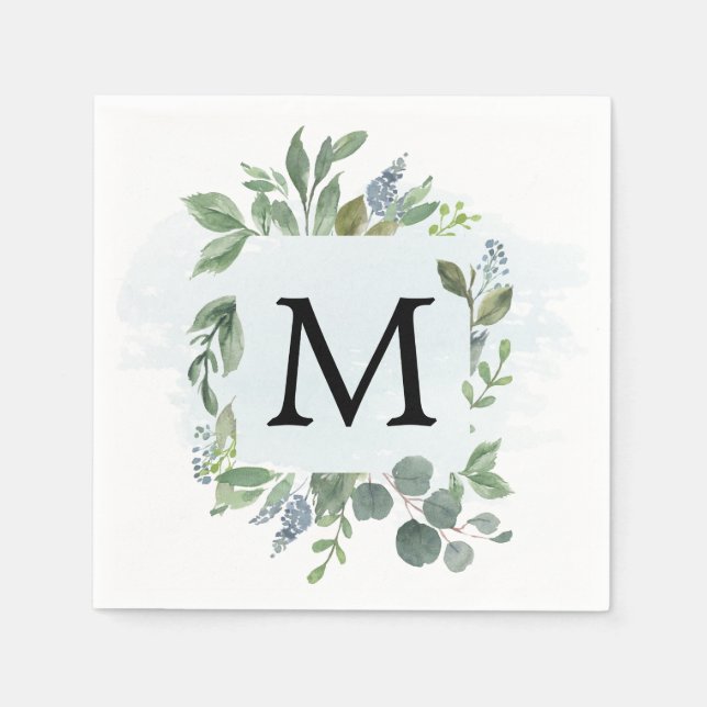 Dusty Blue Eucalyptus Monogram Cocktail Napkin Pappersservett (Framsidan)