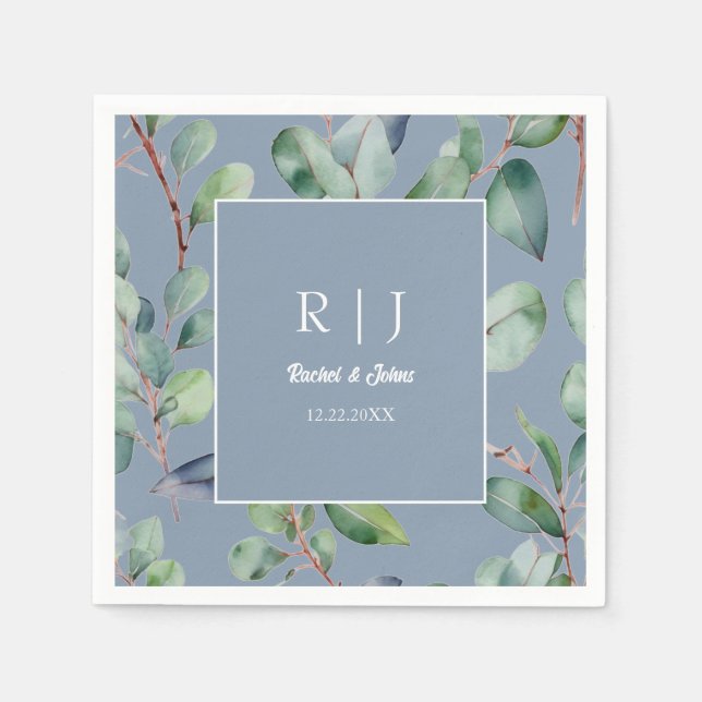 Dusty Blue Eucalyptus Monogram Greenery Bröllop Pappersservett (Framsidan)